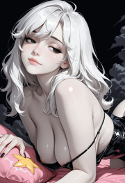 best quality, amazing quality, masterpiece, high_quality, highres, 1girl, solo, Faux patent, satin slip top, black eyes, white hair, black clothes, pale skin, cloudy, black background, polish nails, daring, hanging breasts, half closed eyes, flirty, areola slip, star pillow, light smile, look away,
Negative prompt: worst_quality, bad_quality, poorly_detailed, old,
Steps: 28, Sampler: Euler a, Schedule type: Automatic, CFG scale: 6, Seed: 187265386, Size: 832x1216, Model hash: 29dd7b2a74, Model: animij_v10, Denoising strength: 0.35, Style Selector Enabled: True, Style Selector Randomize: False, Style Selector Style: base, Hires Module 1: Use same choices, Hires sampler: DPM++ 2M, Hires CFG Scale: 1, Hires schedule type: Karras, Hires upscale: 2, Hires steps: 10, Hires upscaler: 4x-UltraSharp, Version: f2.0.1v1.10.1-previous-669-gdfdcbab6