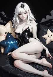 best quality, amazing quality, masterpiece, high_quality, highres, 1girl, solo, Faux patent, satin slip top, black eyes, white hair, black clothes, pale skin, cloudy, black background, polish nails, daring, bare feet, medium breasts, half closed eyes, flirty, areola slip, star pillow, light smile, look away,
Negative prompt: worst_quality, bad_quality, poorly_detailed, old,
Steps: 28, Sampler: Euler a, Schedule type: Automatic, CFG scale: 6, Seed: 187265385, Size: 832x1216, Model hash: 29dd7b2a74, Model: animij_v10, Denoising strength: 0.35, Style Selector Enabled: True, Style Selector Randomize: False, Style Selector Style: base, Hires Module 1: Use same choices, Hires sampler: DPM++ 2M, Hires CFG Scale: 1, Hires schedule type: Karras, Hires upscale: 2, Hires steps: 10, Hires upscaler: 4x-UltraSharp, Version: f2.0.1v1.10.1-previous-669-gdfdcbab6