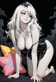 best quality, amazing quality, masterpiece, high_quality, highres, 1girl, solo, Faux patent, satin slip top, black eyes, white hair, black clothes, pale skin, cloudy, black background, polish nails, daring, bare feet, hanging breasts, half closed eyes, flirty, areola slip, star pillow, light smile, look away,
Negative prompt: worst_quality, bad_quality, poorly_detailed, old,
Steps: 28, Sampler: Euler a, Schedule type: Automatic, CFG scale: 6, Seed: 187265386, Size: 832x1216, Model hash: 29dd7b2a74, Model: animij_v10, Denoising strength: 0.35, Style Selector Enabled: True, Style Selector Randomize: False, Style Selector Style: base, Hires Module 1: Use same choices, Hires sampler: DPM++ 2M, Hires CFG Scale: 1, Hires schedule type: Karras, Hires upscale: 2, Hires steps: 10, Hires upscaler: 4x-UltraSharp, Version: f2.0.1v1.10.1-previous-669-gdfdcbab6